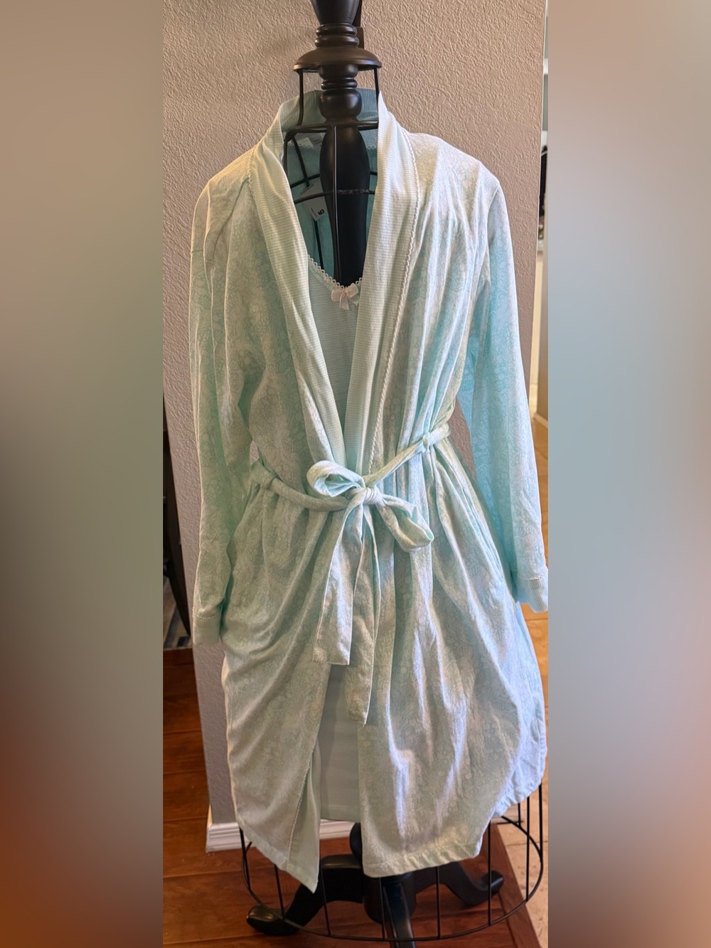 Carole Hochman Robe &  Gown Set Small Green Stripes & Floral Design 60% Cotton